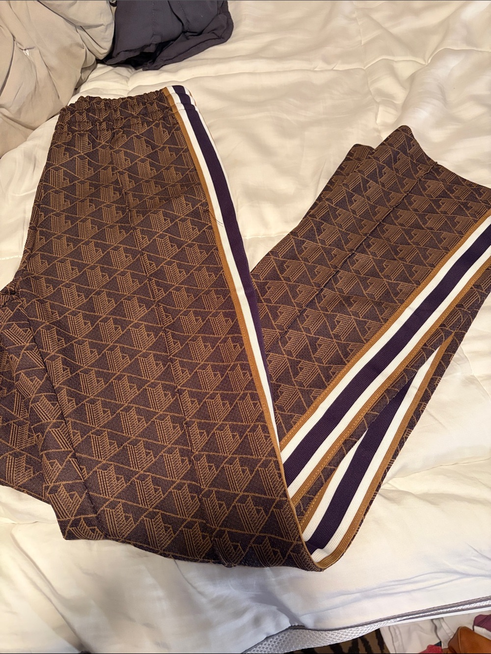 Lacoste Brown Patterned Flare Track Pants with Side Stripes - 32